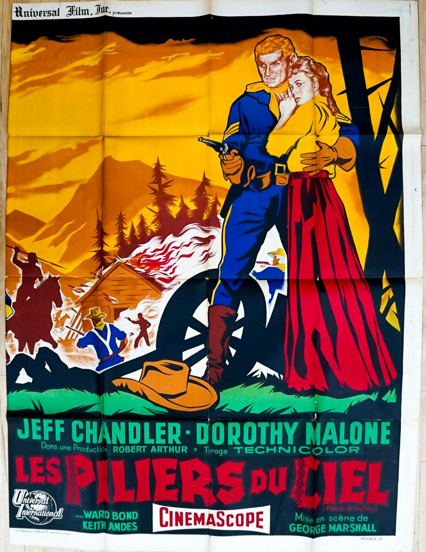 Pillars of The Sky French Grande Movie Poster: Lee Marvin, Jeff Chandler and Dorothy Malone in Pillars of the Sky - Les Piliers Du Ciele (Universal, undated) French folded one panel grande movie poster. Measures 63 in. x 46.75 in. Has been stored 