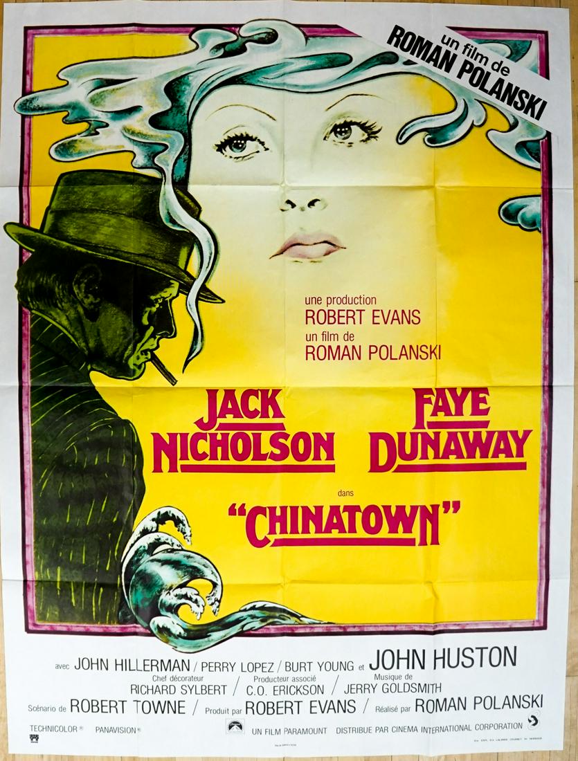Chinatown French Grande Movie Poster: Jack Nicholson and Faye Dunaway in the Roman Polanski film Chinatown (Paramount, undated) French folded one panel grande movie poster. Measures 63 in. x 47 in. Has been stored folded as issued, overal