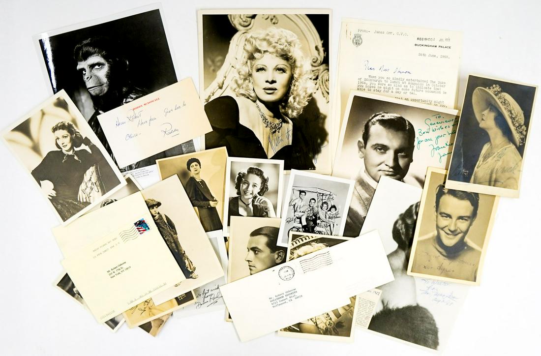 Celebrity Photos and Correspondence (21): Group of twenty-one photos and correspondence signed, signature stamped or secretarial signed. Signed include Roddy McDowall, Patricia Neal, Frank Sinatra (secretarial), Mae West by Hurrell (not an au