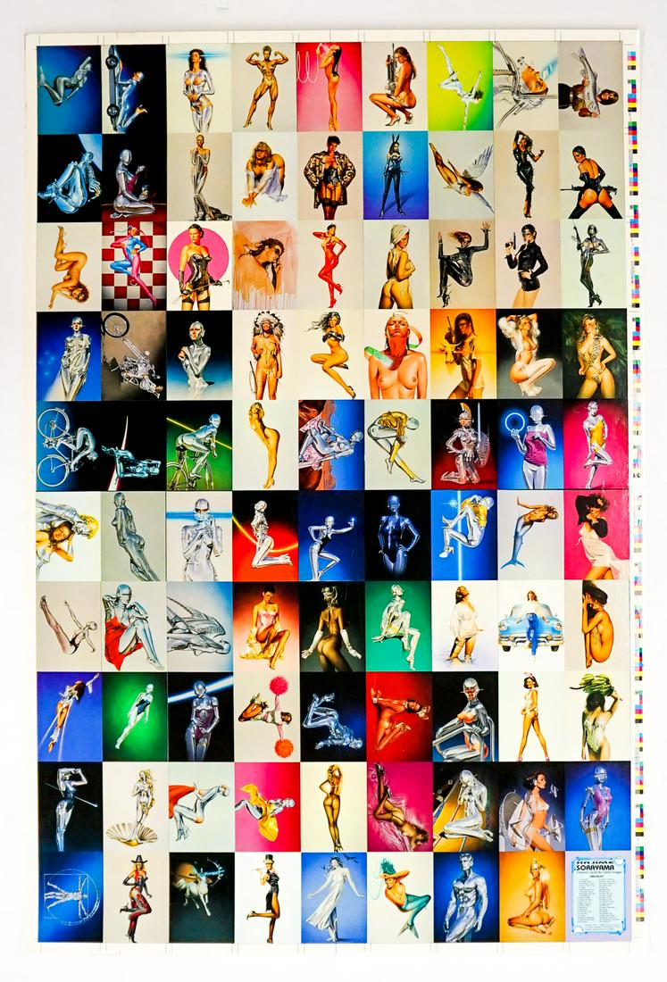 Hajime Sorayama Uncut Sheet Trading Cards: Hajime Sorayamas uncut sheet of the Sexy Robots and Pinups series of trading cards. Measures 38.5 in. x 26 in. VG-EX/EX condition with some light scratches. If lot is absent of a condition report a co