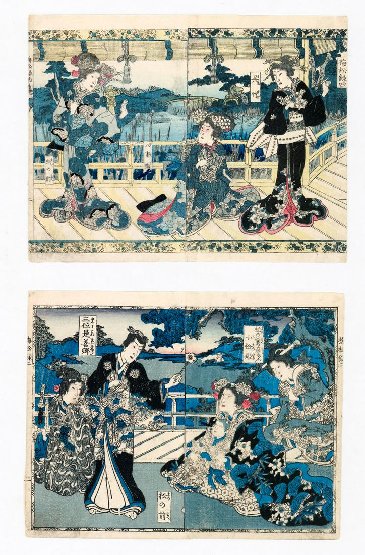 Two Japanese Antique Diptych Woodblock Prints: Two Japanese Diptych Woodblocks. They measure 6.75 in. x 8.75 in. Condition report provided as an opinion only and is no guarantee. Buyer must view photos or scans and make their own determination of