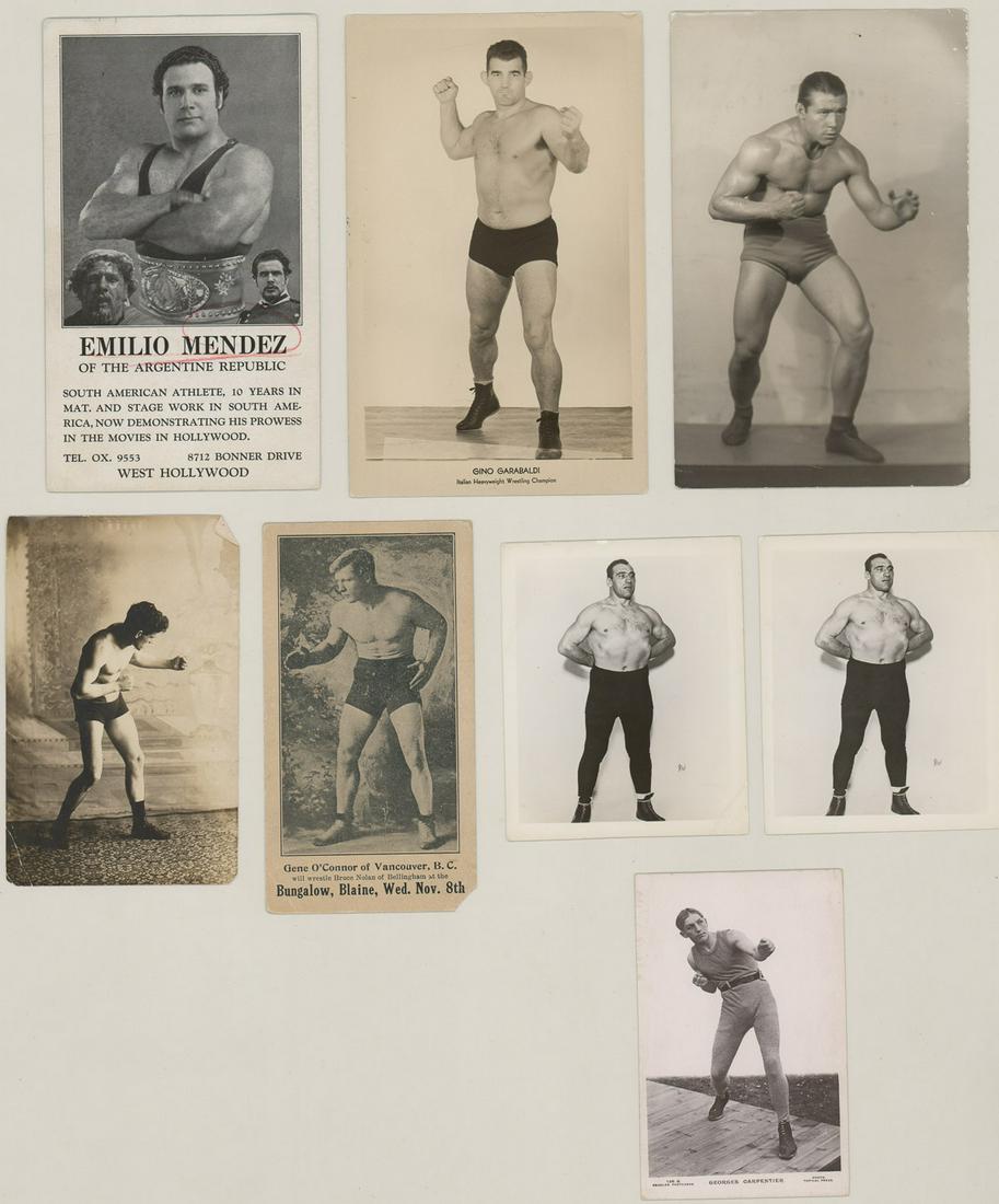 Vintage Wrestling Photographs and more: A group of vintage wrestling and boxing photographs, postcard and cards (9). Includes double-weight, glossy photograph of Gino Garabaldi measuring 8 in. x 5 in., two photos of Primo Carnera measuring 
