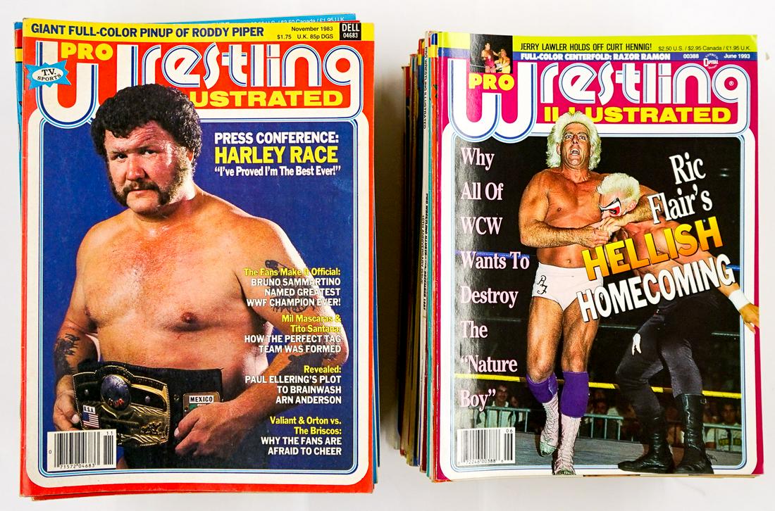 Pro Wrestling Illustrated Magazine (68): Pro Wrestling Illustrated Magazines group of (68) Includes years 1983-1993. Provenance: Estate of James Baldwin Baker, Cornelius Oregon. If lot is absent of a condition report a condition report may b
