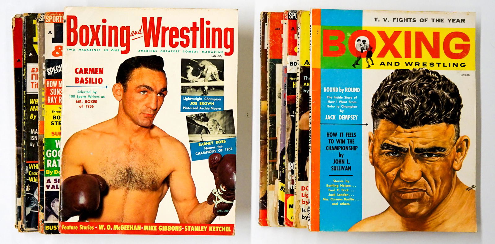 Boxing and Wrestling Magazine (14): Boxing and Wrestling - Pro Boxing, Wrestling Magazines group of (14). Features: Carmen Basilio Mr. Boxer of 1956. Includes years 1957-1965. Provenance: Estate of James Baldwin Baker, Cornelius Oregon.