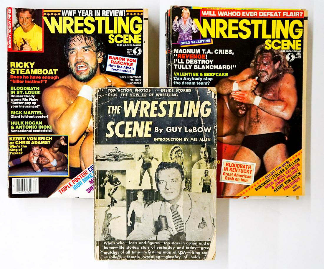 Wrestling Scene Magazine (17): Wrestling Scene - Pro Wrestling Magazine group of (17) Includes years 1985 -1989. Features: 1950 addition of The Wrestling Scene by Guy LeBow. Provenance: Estate of James Baldwin Baker, Cornelius Oreg