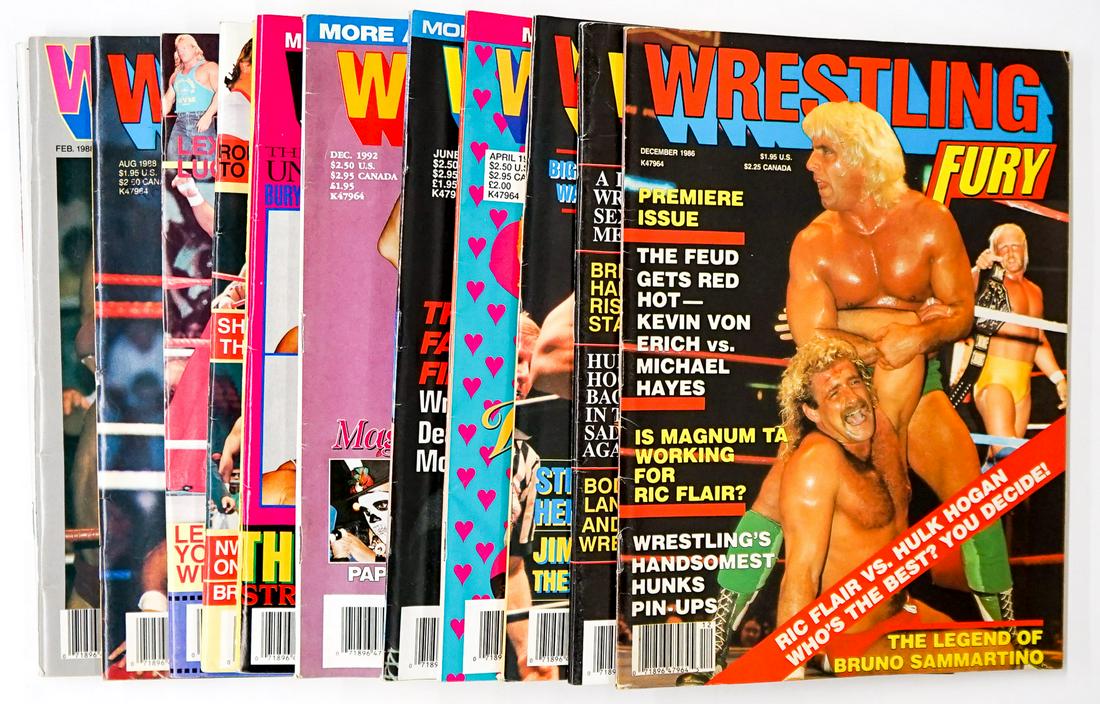 Wrestling Fury Magazine (13): Wrestling Fury - Pro Wrestling Magazines group of (13). Includes years 1986 - 1993. Provenance: Estate of James Baldwin Baker, Cornelius Oregon. If lot is absent of a condition report a condition repo