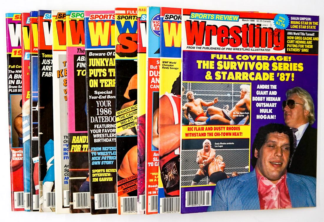 Sports Review Magazine (12): Sports Review - Pro Wrestling Magazines group of (12). Includes years 1984-1988. Provenance: Estate of James Baldwin Baker, Cornelius Oregon. If lot is absent of a condition report a condition report