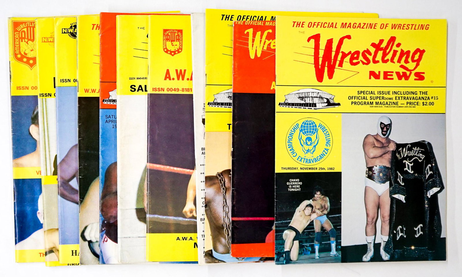 Wrestling News Magazine (11): Wrestling News - Pro Wrestling Magazines group of (11). Includes years 1974-1984. Provenance: Estate of James Baldwin Baker, Cornelius Oregon. If lot is absent of a condition report a condition report