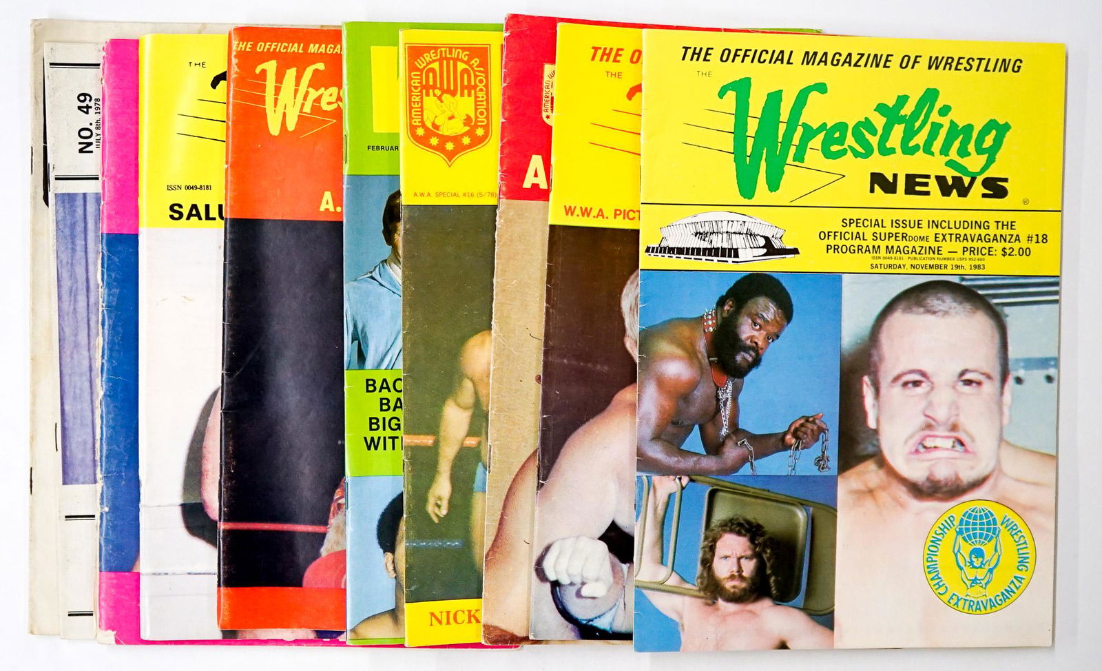 Wrestling News Magazine (10): Wrestling News - Pro Wrestling Magazines group of (10). Includes years 1973 - 1985.Provenance: Estate of James Baldwin Baker, Cornelius Oregon. If lot is absent of a condition report a condition repor