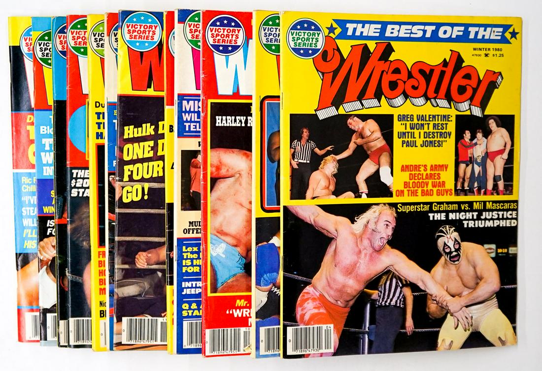 The Wrestler Magazine (12): The Wrestler - Pro Wrestler Magazines group of (12). Includes years 1980 - 1989. Provenance: Estate of James Baldwin Baker, Cornelius Oregon. If lot is absent of a condition report a condition report