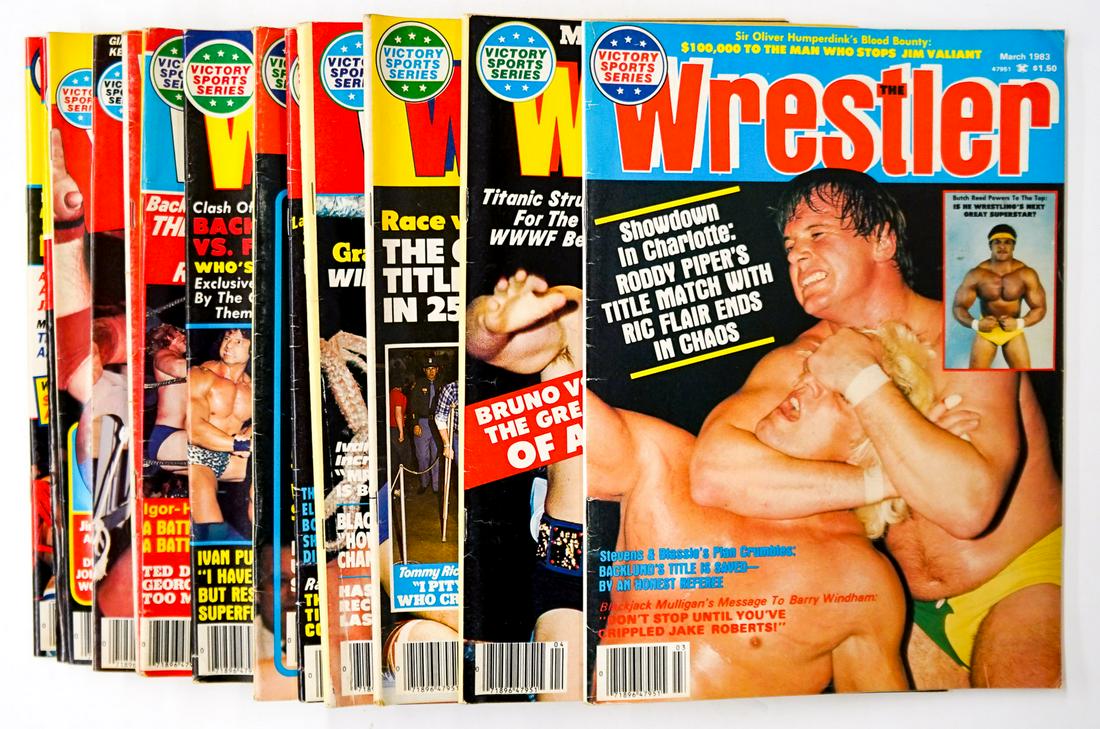 The Wrestler Magazine (13): The Wrestler - Pro Wrestling Magazines group of (13). Includes years 1977-1987. Provenance: Estate of James Baldwin Baker, Cornelius Oregon. If lot is absent of a condition report a condition report m