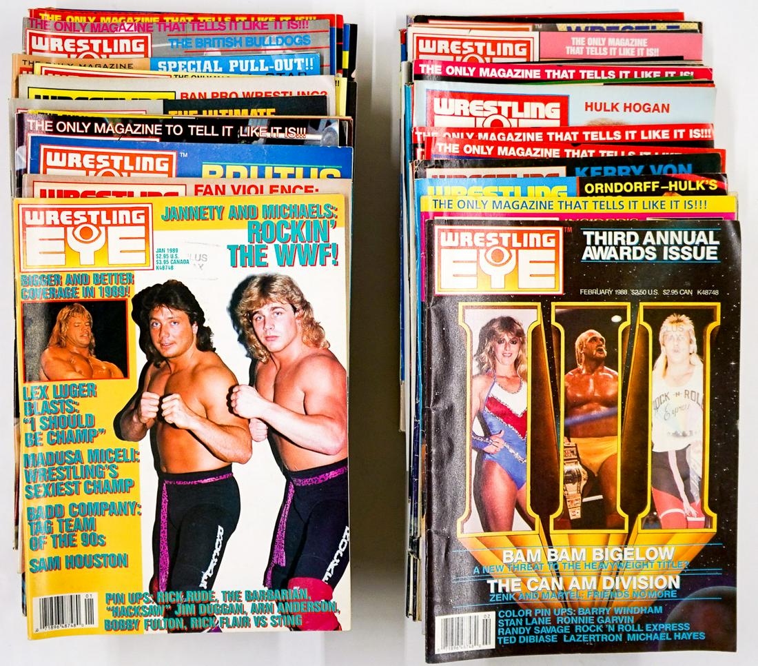 Wrestling Eye Magazine (39): Wrestling Eye - Pro Wrestling Magazines group of (39). Includes years 1985 - 1993. Provenance: Estate of James Baldwin Baker, Cornelius Oregon. If lot is absent of a condition report a condition repor