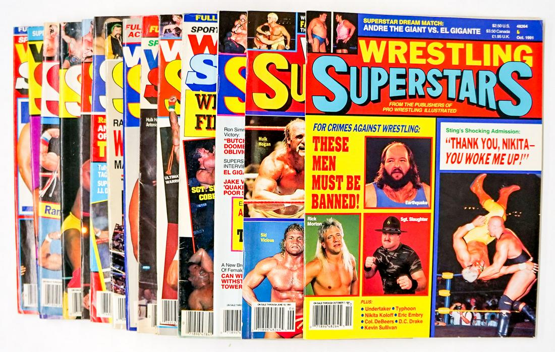 Wrestling Superstars Magazine (14): Wrestling Superstars - Pro Wrestling Magazines group of (14). Includes years 1985 - 1992. Provenance: Estate of James Baldwin Baker, Cornelius Oregon. If lot is absent of a condition report a conditio