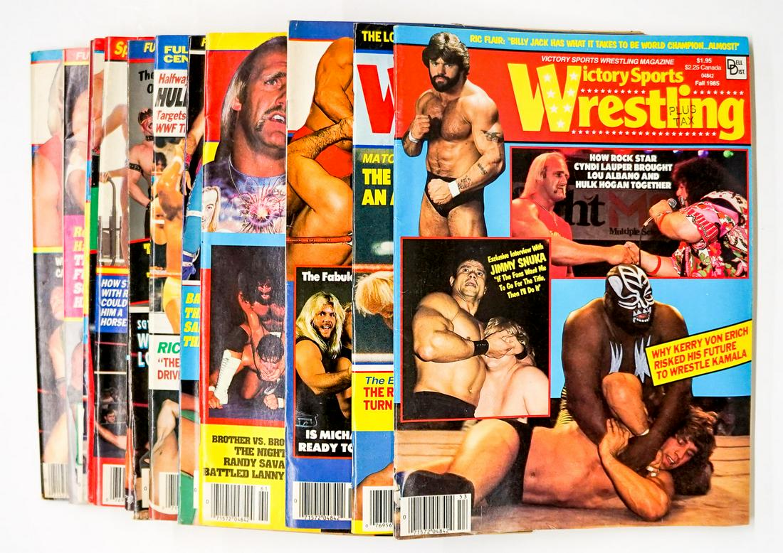 Victory Sports Wrestling Magazine (13): Victory Sports Wrestling - Pro Wrestling Magazines group of (13). Includes years 1985 - 1989. Provenance: Estate of James Baldwin Baker, Cornelius Oregon. If lot is absent of a condition report a cond