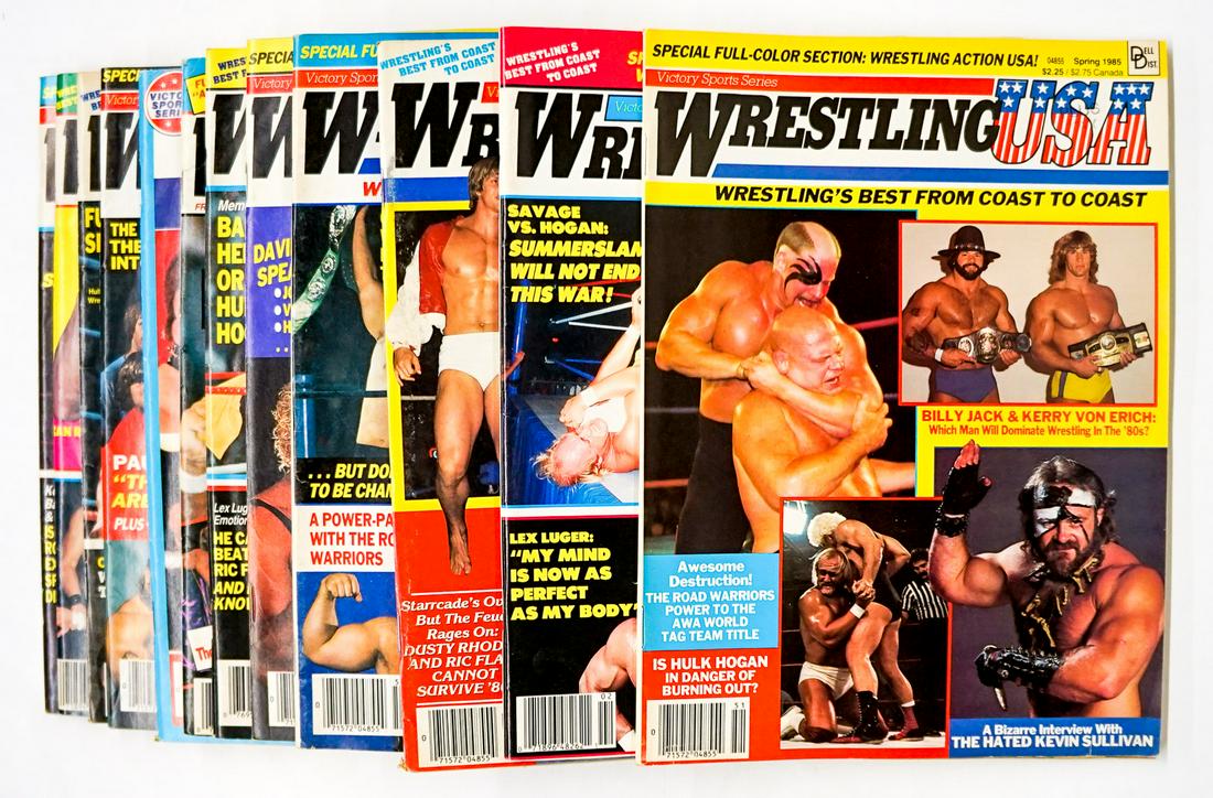 Wrestling USA Magazine (12): Wrestling USA - Pro Wrestling Magazines group of (12). Includes years 1984 - 1990. Provenance: Estate of James Baldwin Baker, Cornelius Oregon. If lot is absent of a condition report a condition repor