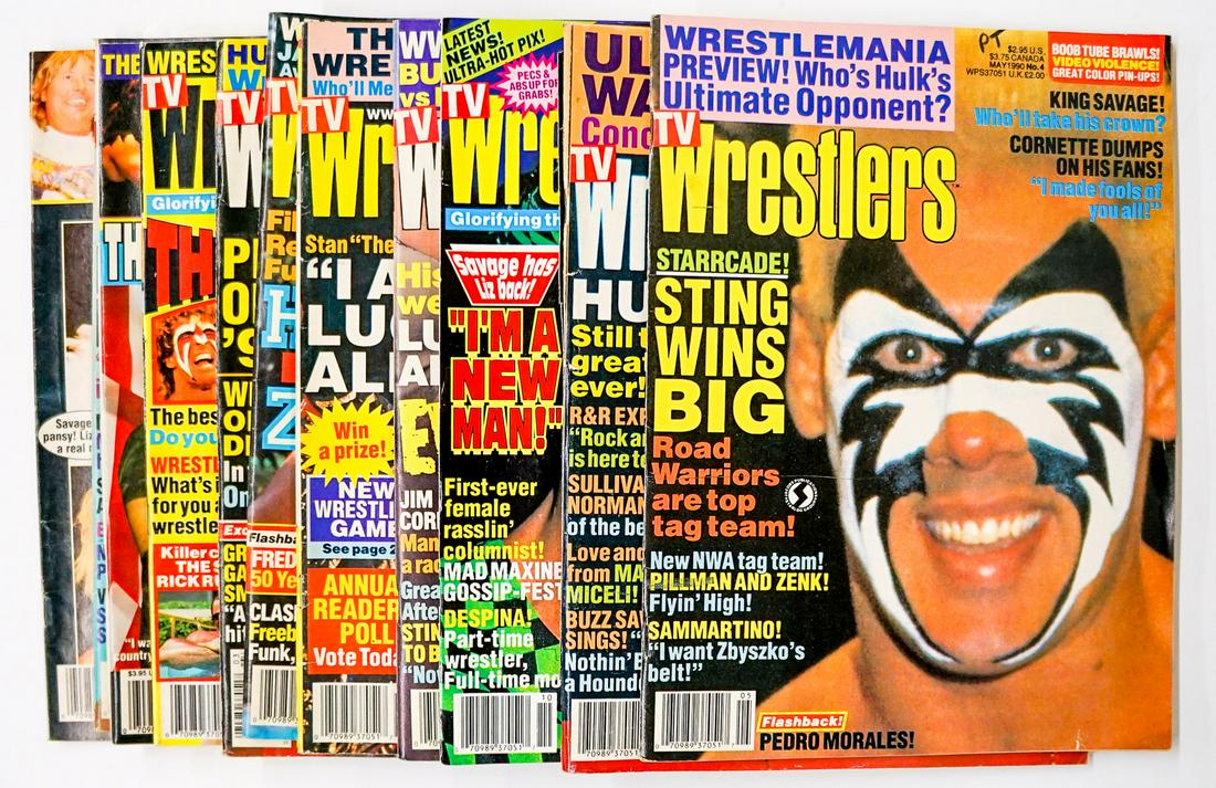TV Wrestler Magazine (11): TV Wrestler - Pro Wrestling Magazines group of (11). Includes years 1989 - 1992. Provenance: Estate of James Baldwin Baker, Cornelius Oregon. If lot is absent of a condition report a condition report