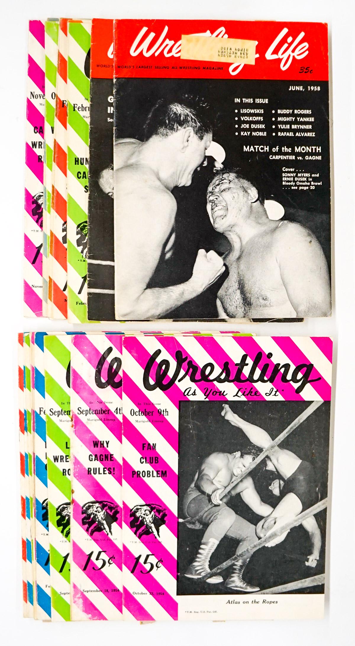 Wrestling As You Like It Magazine (16): Wrestling As You Like It - Pro Wrestling Magazines group of (16). Includes years 1954, 1957 and 1958. Provenance: Estate of James Baldwin Baker, Cornelius Oregon. If lot is absent of a condition repor