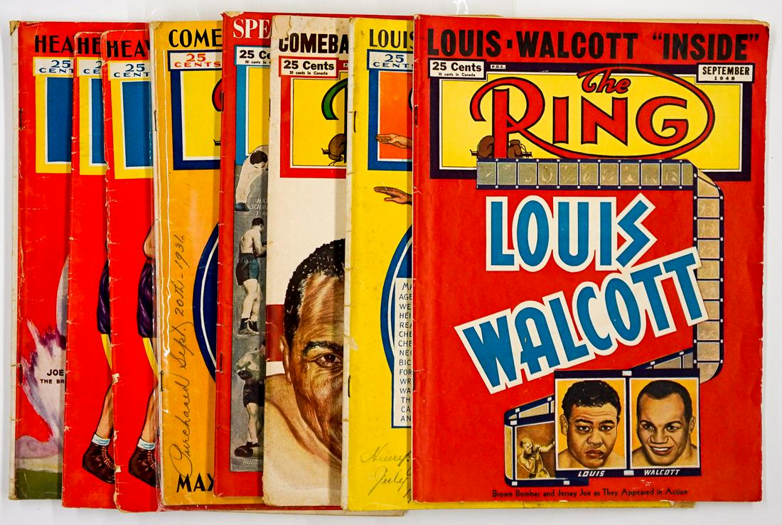 The Ring Magazine Vintage Issues (8): The Ring Magazine vintage magazines (8). Includes Joe Louis, Max Schmeling Jersey Joe Walcott. Condition varies. We ship most items in this auction in house and gladly combine shipping if possible of 