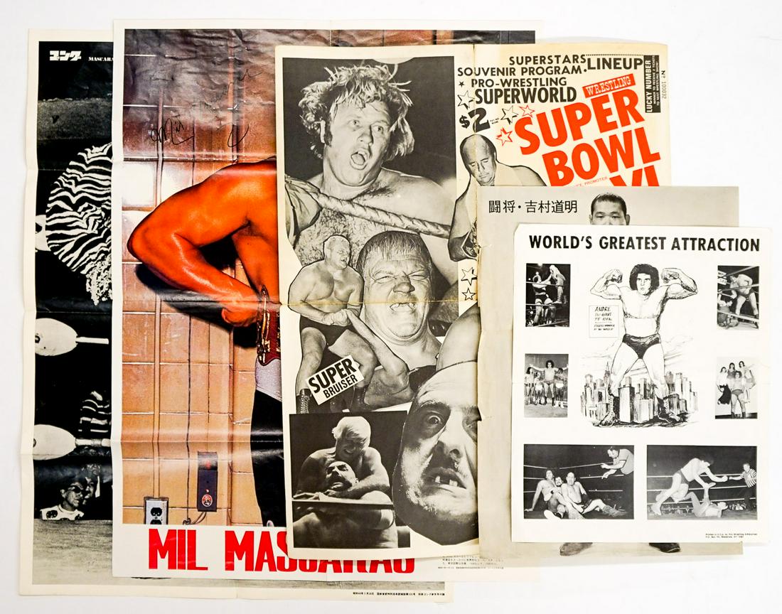 Vintage Wrestling Posters (5): Five vintage Wrestling posters measuring 16.375 in. x 12.75 in. to 24.75 in. x 19 in. Condition varies. We ship most items in this auction in house and gladly combine shipping if possible of multiple 