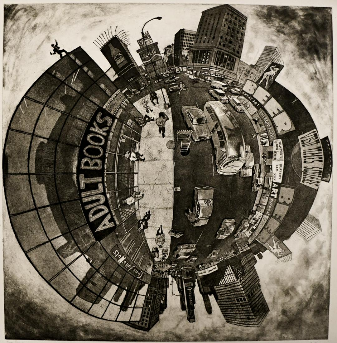 Art Werger Large A.P. Mezzotint [Times Square]: Art Werger (American, Born 1955) large mezzotint. Signed and dated in pencil 'Art Werger 1981' lower right, titled in pencil 'Times Square' lower left and stated 'AP' for artist proof in pencil lower 