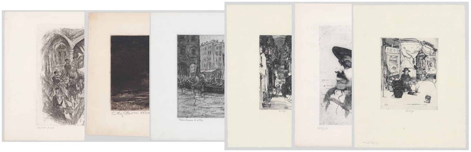 Group of Vintage Signed Etchings (6): A group of six vintage signed etchings. All are signed in pencil by the artist's. Includes Thomas Cornell, John Winkler (2), Ira Moskowitz, Al Blaustein and Nelson Dawson. Largest (Moskowitz) measures