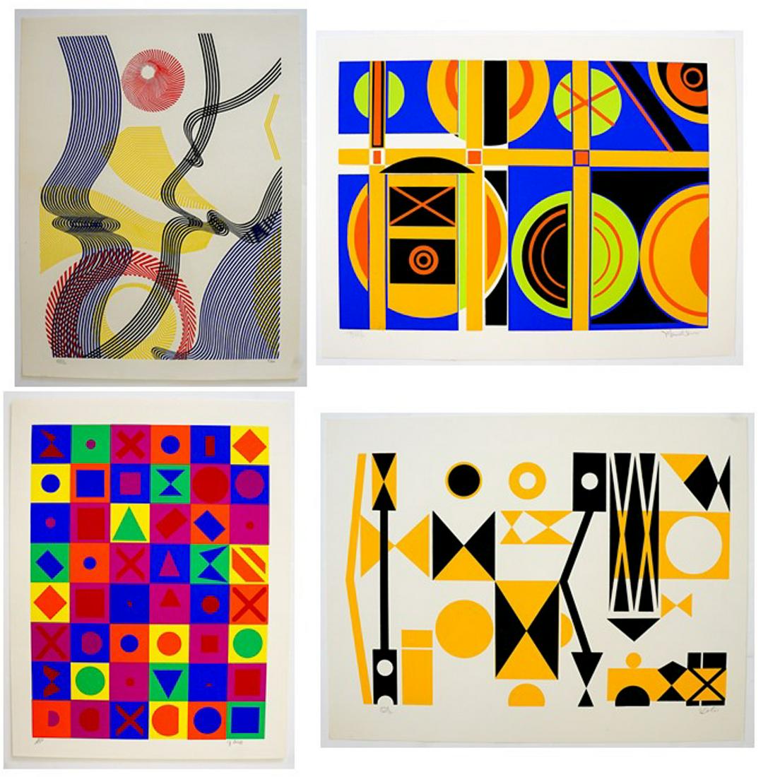 [Mid-Century, Modernist] Screen Prints in Color 4: A group of four vintage screen prints in color. All are signed in pencil lower right and all are stated artist proof or numbered in pencil. They are signed Maxwell Jarvis, G. Arloff, Soto and Titus. T