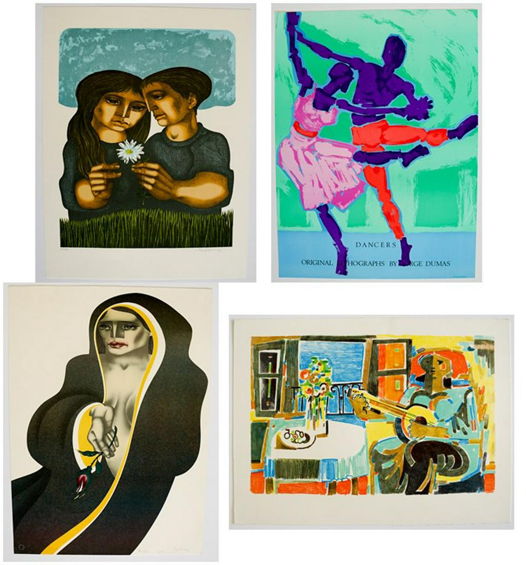 Jorge Dumas Lithographs (4) Estate of Artist: A group of four Jorge Dumas of Atelier Dumas lithographs. Two are hand signed in pencil, one of the hand signed lithographs is an artist's proof. They measure 25 in. x 19 in. to 29 in. x 21.25 in. All
