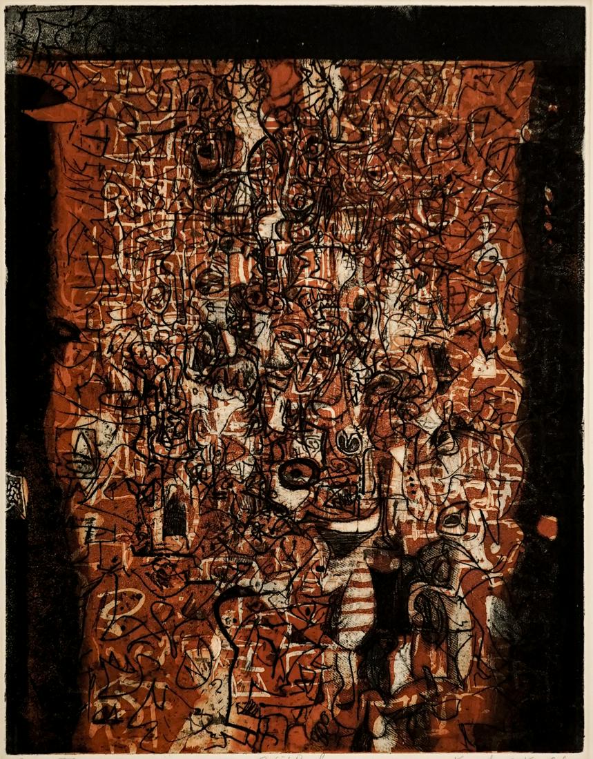 Kenneth A. Kerslake Original Mixed Intaglio: Kenneth Alvin Kerslake (American born 1930) original intaglio etching with colors. Pencil signed and dated "Kenneth A. Kerslake 1962" lower right. Titled in pencil "Genesis III" lower left. "Artist Pr
