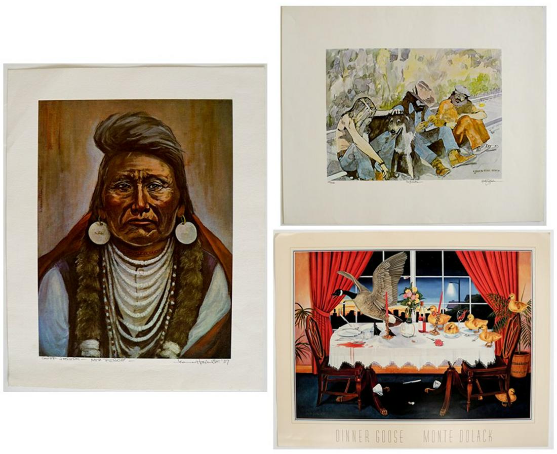 Monte Dolack (2) and Jeanne Harrington Prints: Monte Dolack (Montana, Born 1950) hand signed prints (2) and one Jeanne Harrington signed print of Chief Joseph. They measure 20-in. x 16-in. to 22-in. x 28-in. EX/EX+ condition. Unframed, loose and n