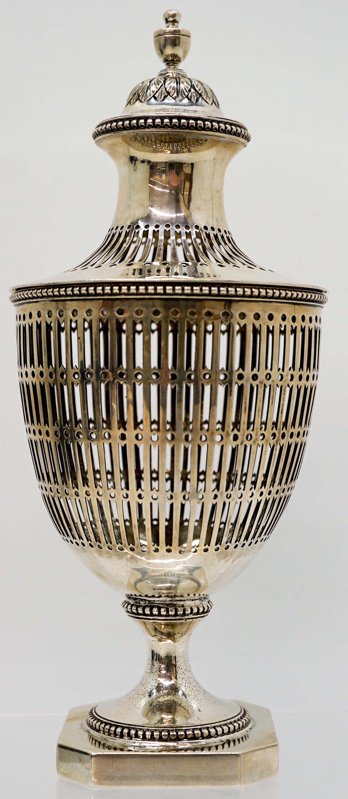 George III Sterling Chestnut by Robert Jones I: George III sterling Chestnut by Robert Jones I. Hallmarks on base and lid, date letter 1781, excellent condition with no damage or repairs. Measures 9-in. x 3.75-in. and weighs 10.8 troy ounces. We sh