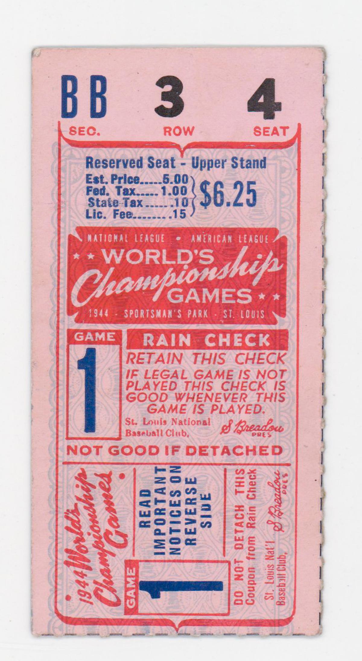 Original 1944 World Series Ticket Stub Game 1 (1 of 2)