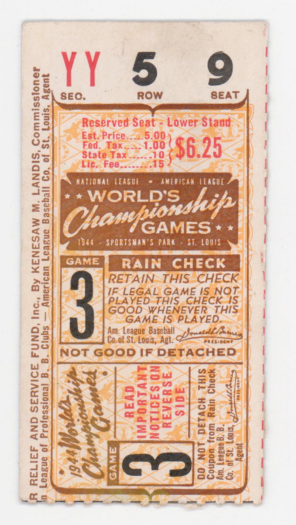 Original 1944 World Series Ticket Stub Game 3 (1 of 2)