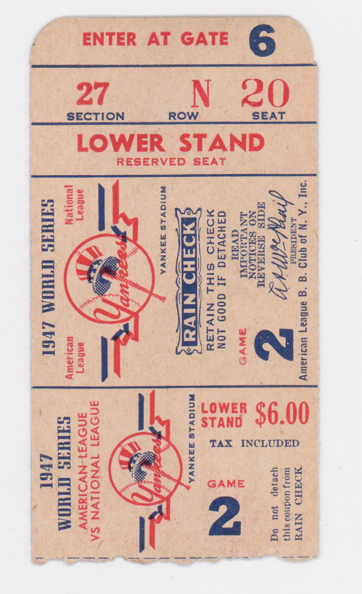 Original 1947 World Series Ticket Stub Game 2 (1 of 2)