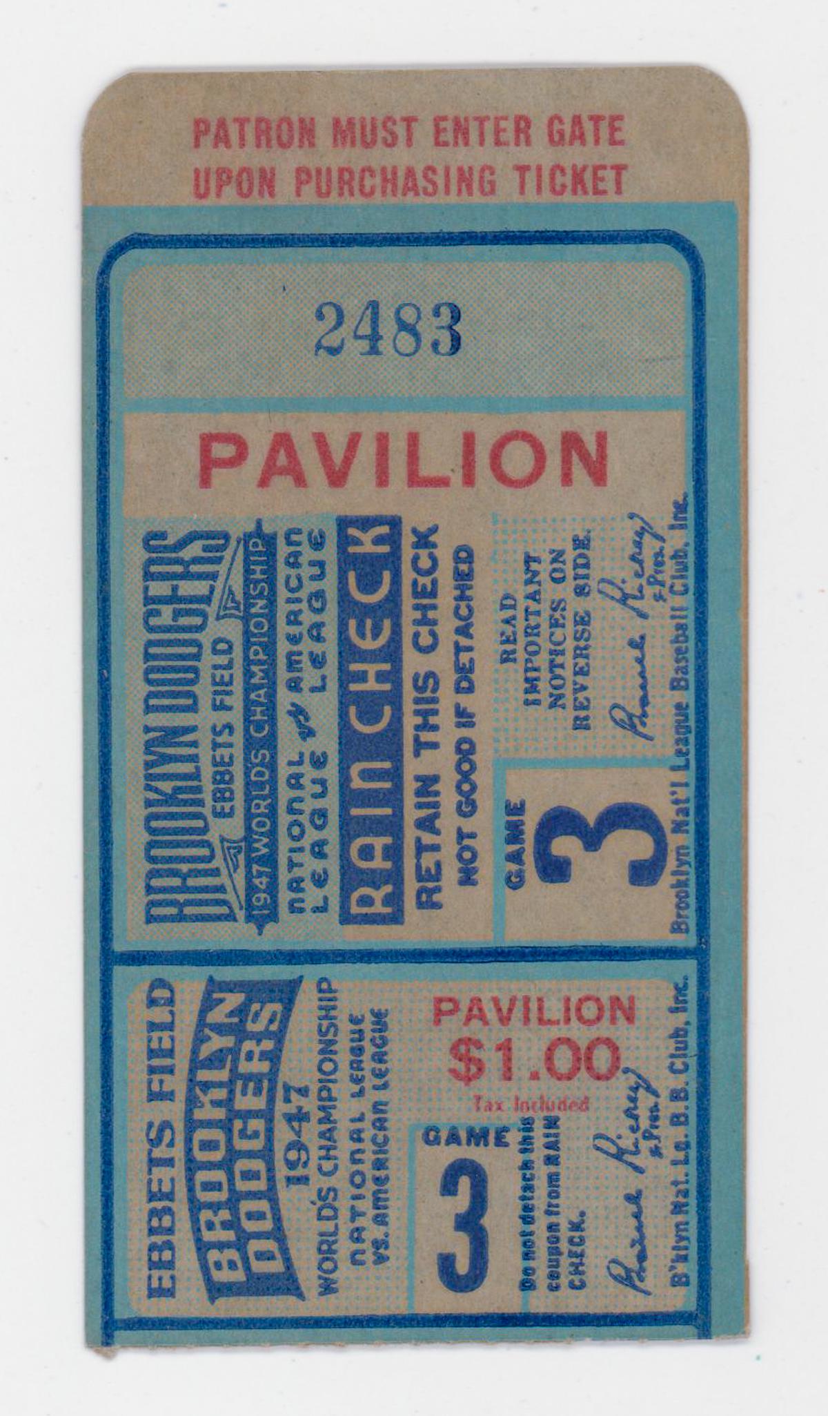 Original 1947 World Series Ticket Stub Game 3 (1 of 2)