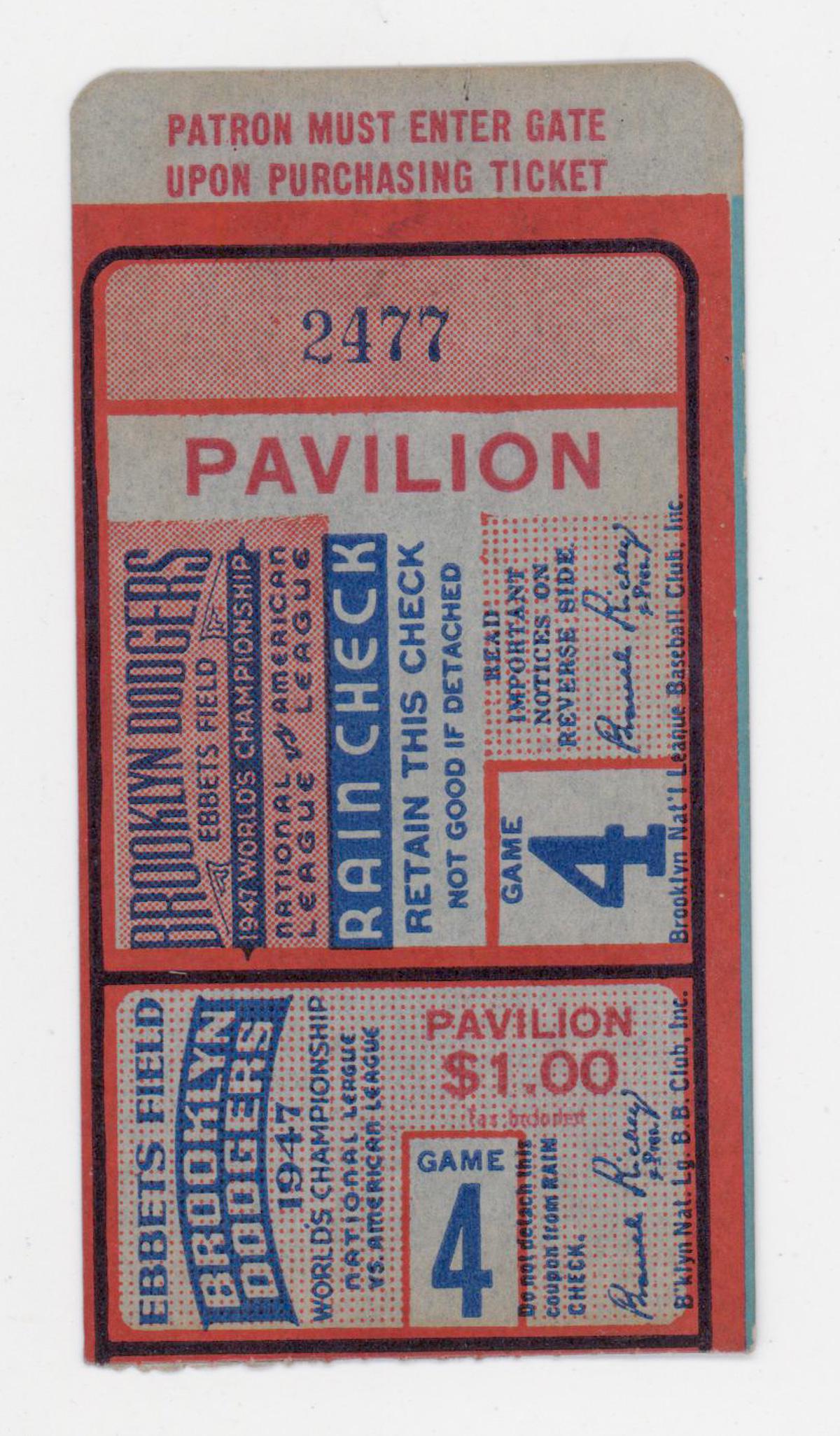 Original 1947 World Series Ticket Stub Game 4 (1 of 2)