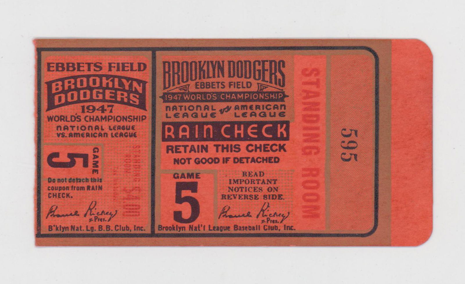 Original 1947 World Series Ticket Stub Game 5 (1 of 2)