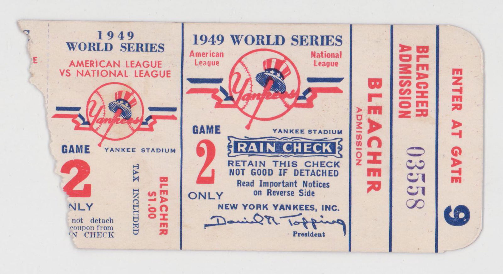 Original 1949 World Series Ticket Stub Game 2 (1 of 2)