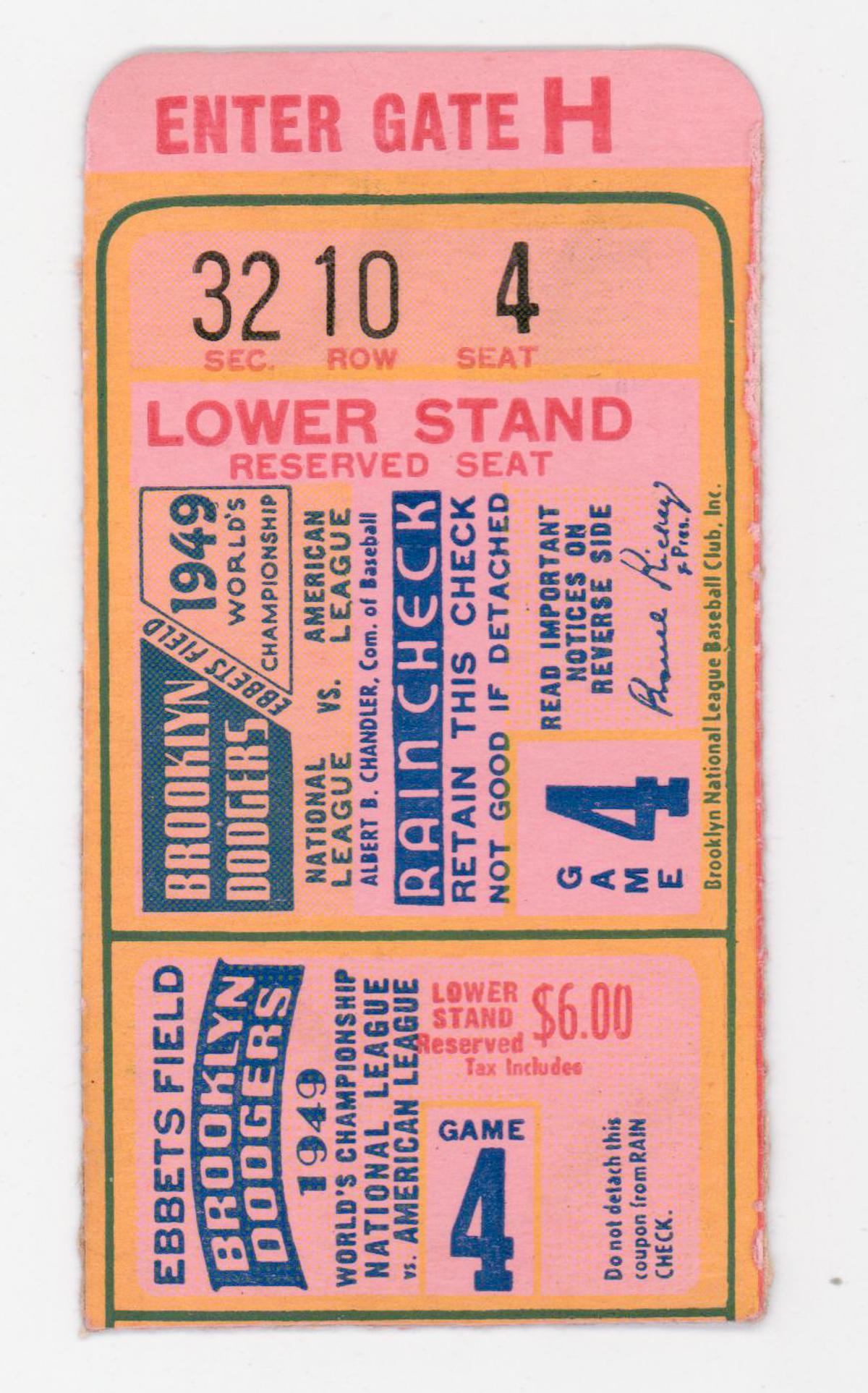 Original 1949 World Series Ticket Stub Game 4 (1 of 2)