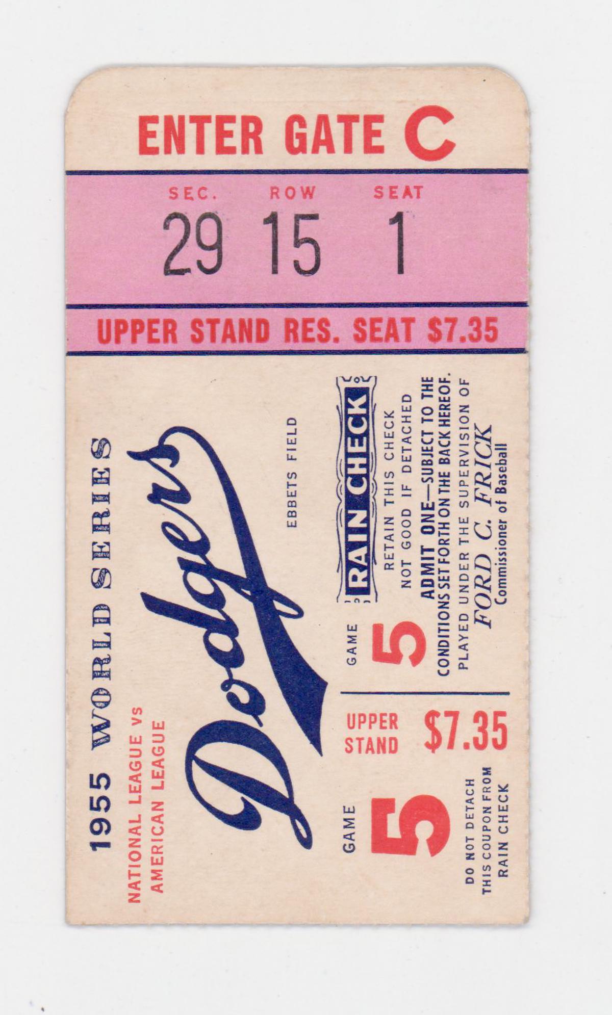 Original 1955 World Series Ticket Stub Game 5 (1 of 2)