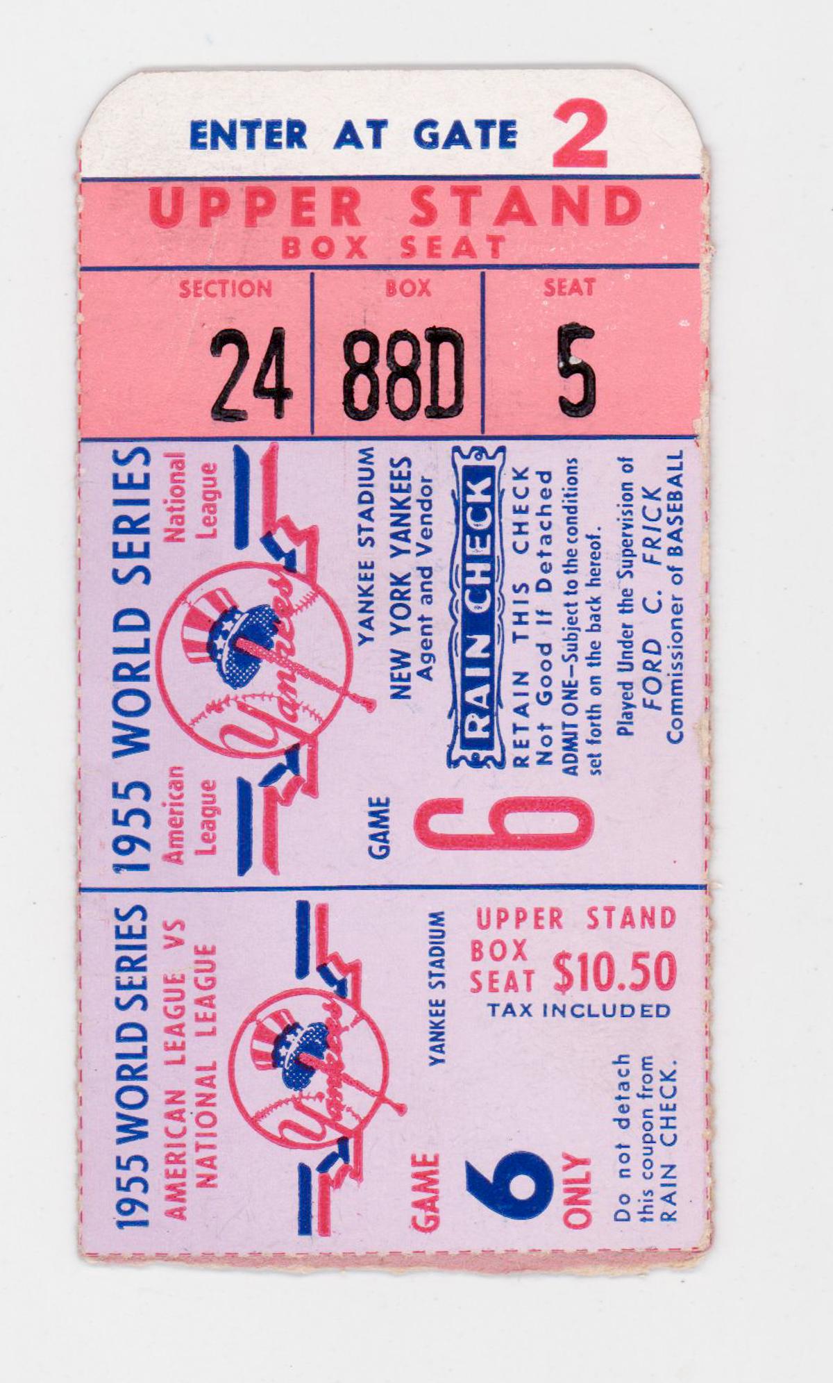 Original 1955 World Series Ticket Stub Game 6 (1 of 2)