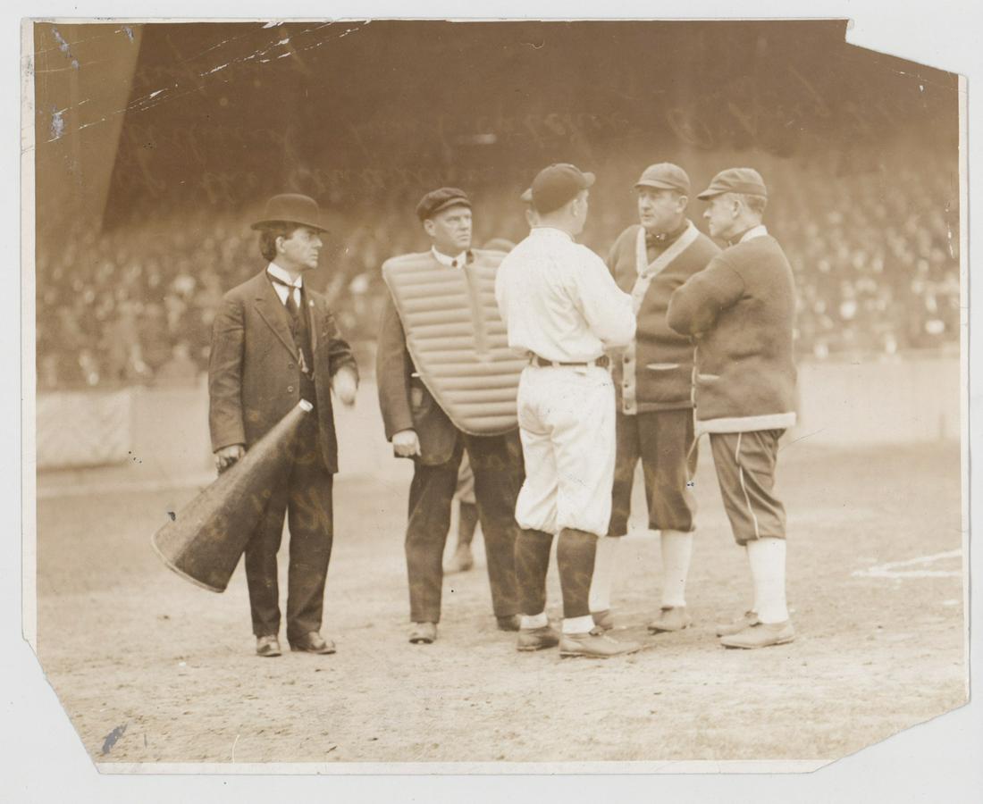 Kid Gleason and others by L. Va. Oeyen April 1913: L. Van Oeyen photograph dated April 21, 1913. Includes Kid Gleason, Myers, Callahan, Birmingham and O'Laughlin. Measures 8-in. x 10-in. Semi-glossy surface sepia photograph on single weight paper. Fai
