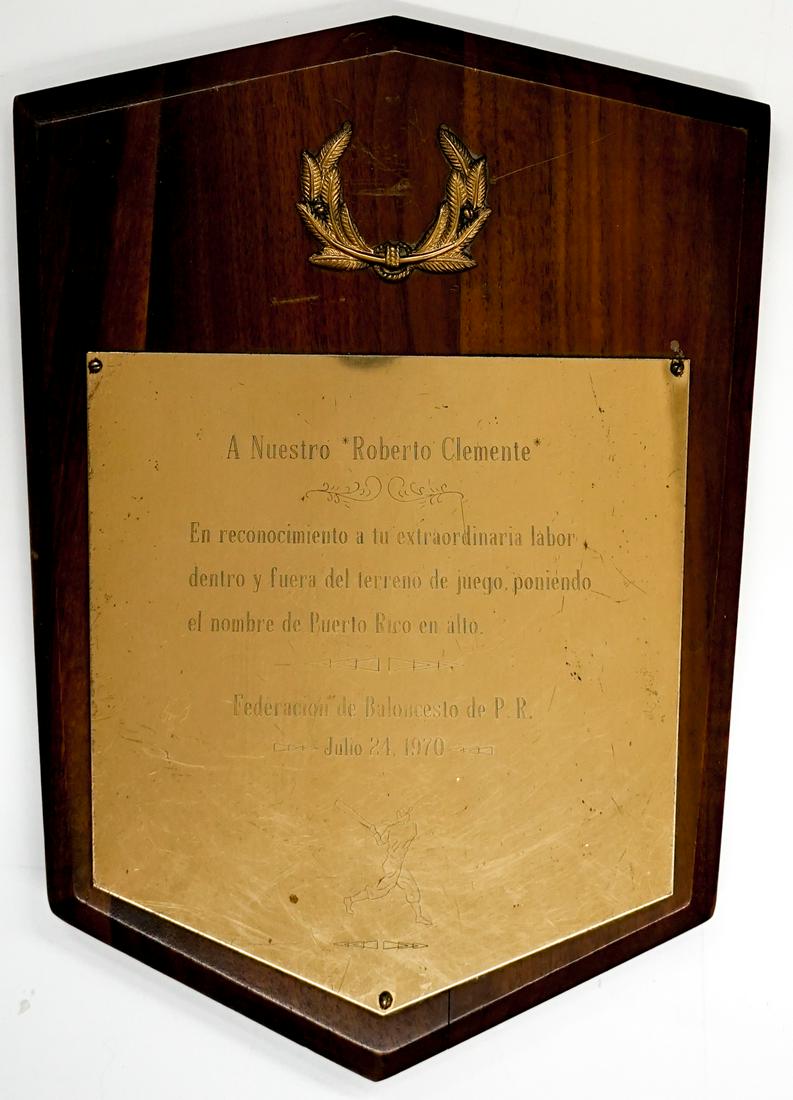 1970 Roberto Clemente Night Presentational Plaque: Dated 1970 Roberto Clemente Night presentational plaque. Walnut wooden plaque as presented to Clemente during ceremonies in his honor held on July 24, 1970 at Three Rivers Stadium. Applied brass placa