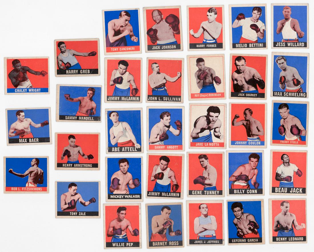 1948 Leaf Boxings Cards with The Greats (32): A collection of (32) 1948 Leaf boxing cards including Jake La Motta, Gene Tunney, James J. Jeffries, Jack Johnson, John L. Sullivan, Sugar Ray Robinson, Jess Willard and more. Approximately 12 appear