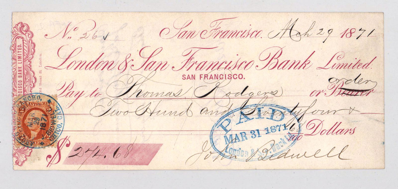 John Bidwell Signed Check-Rare Personal Postmark (1 of 3)