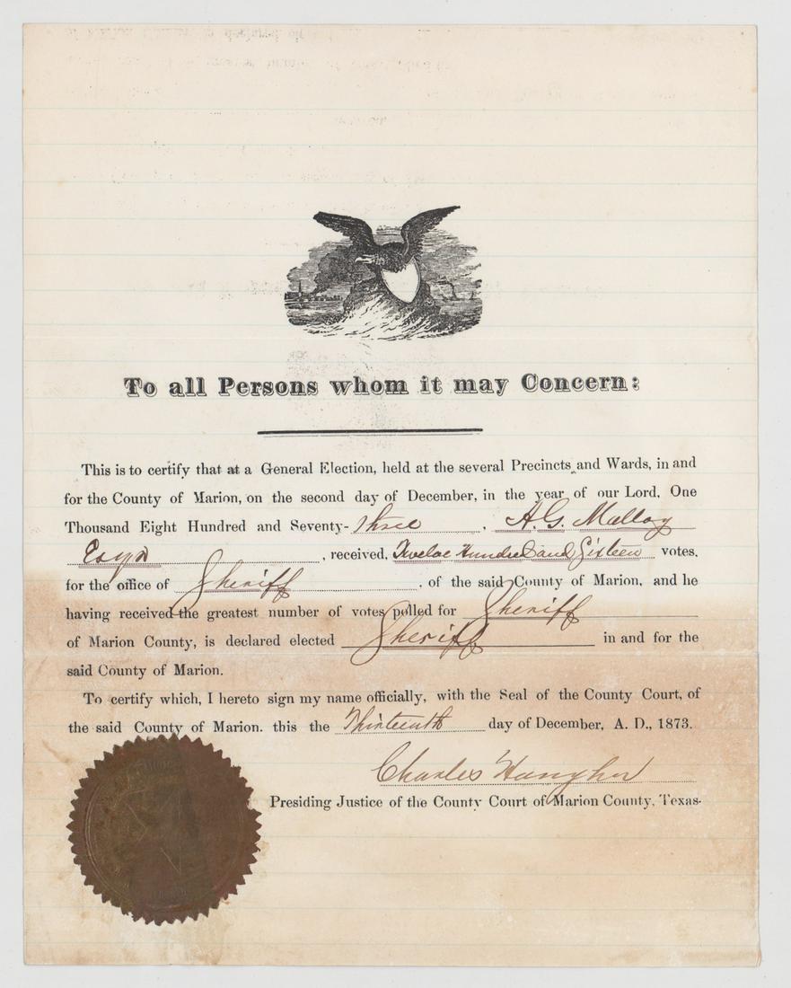 [Texas] 1873 Marion County Sheriff Appointment: Dated 1873 Sheriff Appointment from Marion County, Texas. Measures 10-in. x 7.8125-in. We ship most items in this auction in house and gladly combine shipping if possible of multiple items. Provenance