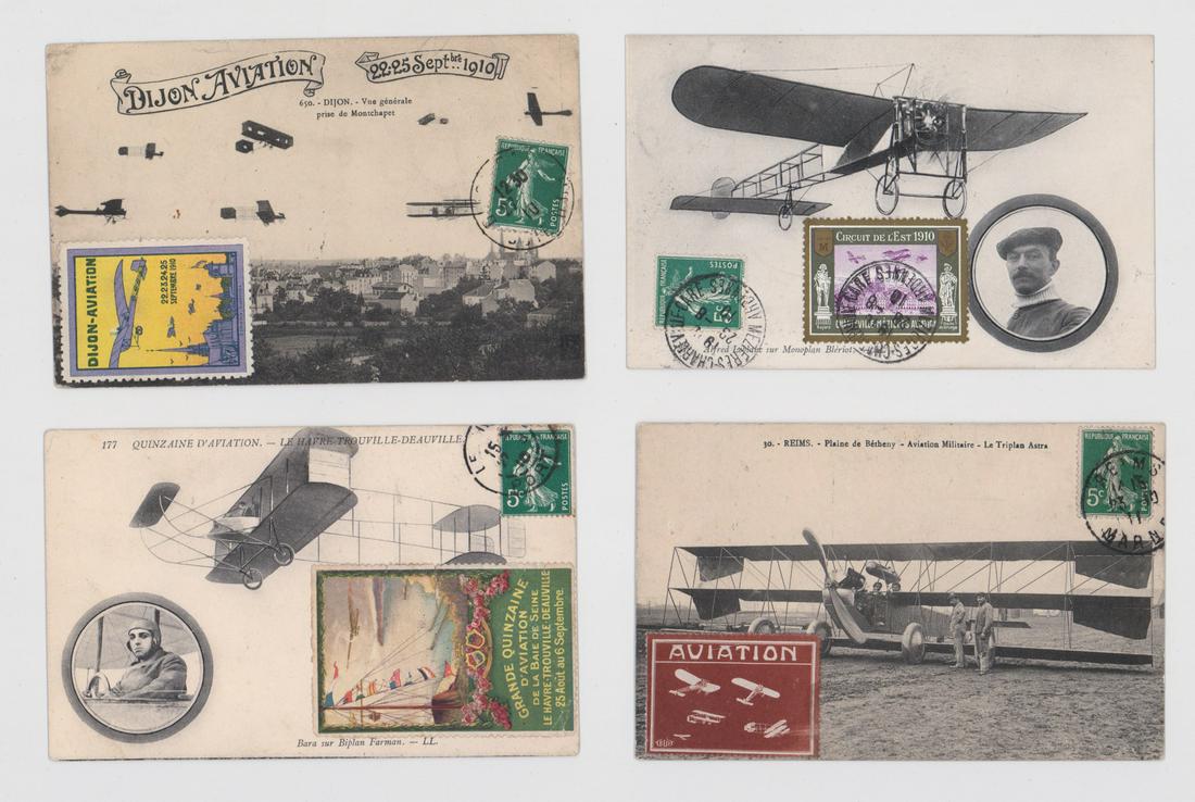 [France, Aviation] Event Stamp Postcards (4): [France, Aviation] event stamp antique postcards (4). VG/VG-EX condition. We ship most items in this auction in house and gladly combine shipping if possible of multiple items. Provenance: David Cress