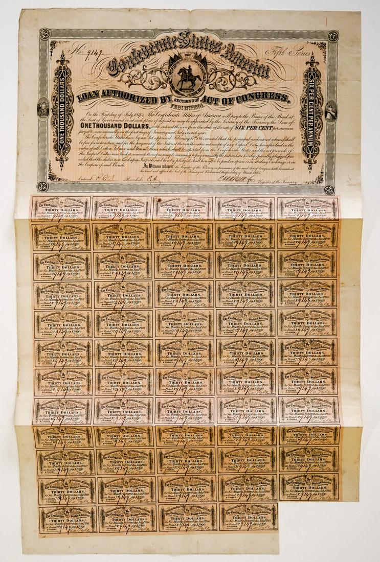 1864 Confederate States Bond: 1864 Confederate States $1,000 Bond. Dated 1864, measures 28-in. x 17-in. G-VG/VG condition. We ship most items in this auction in house and gladly combine shipping if possible of multiple items. Prov