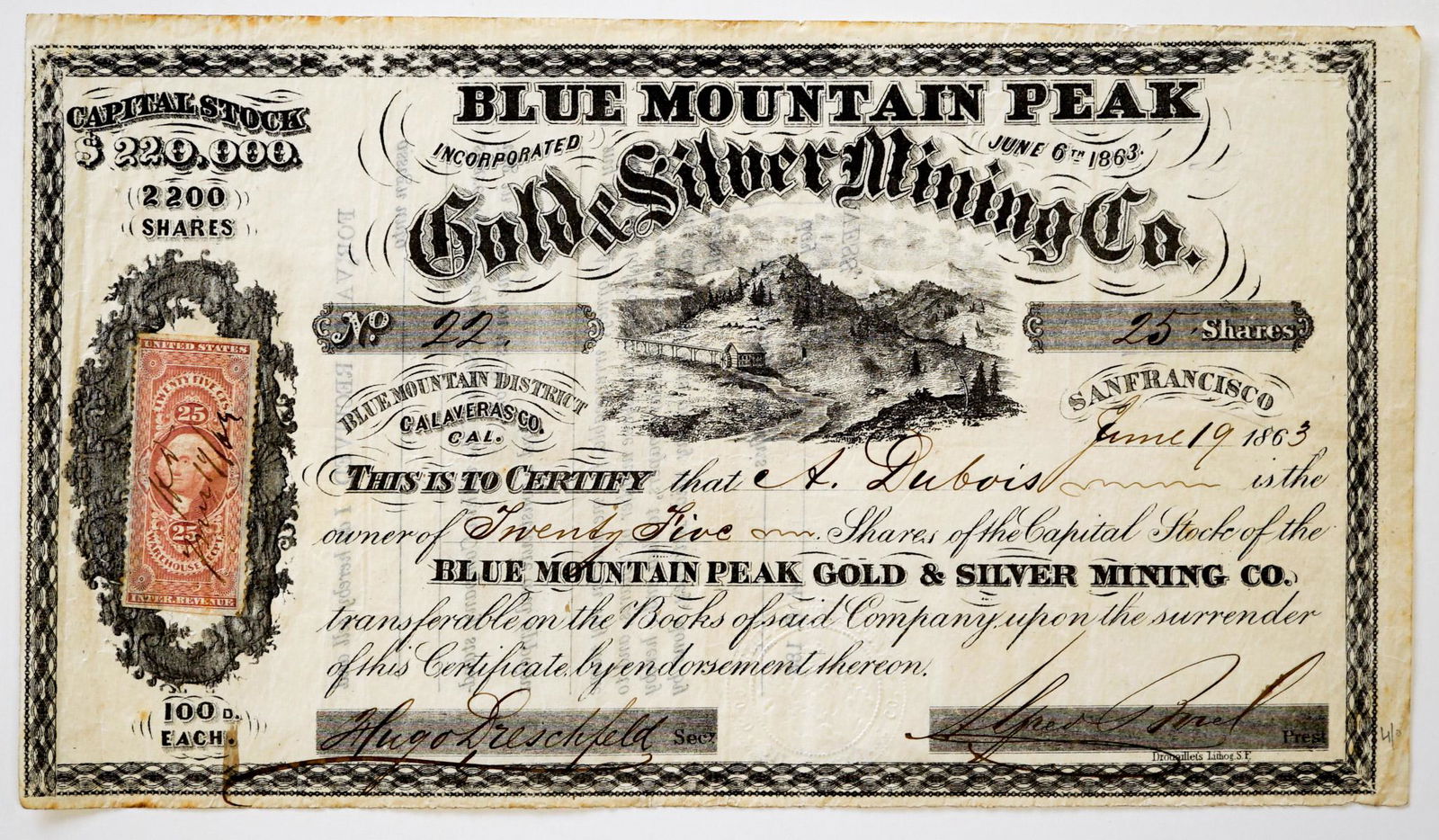 1863 Blue Mountain Peak Stock Certificate (1 of 2)
