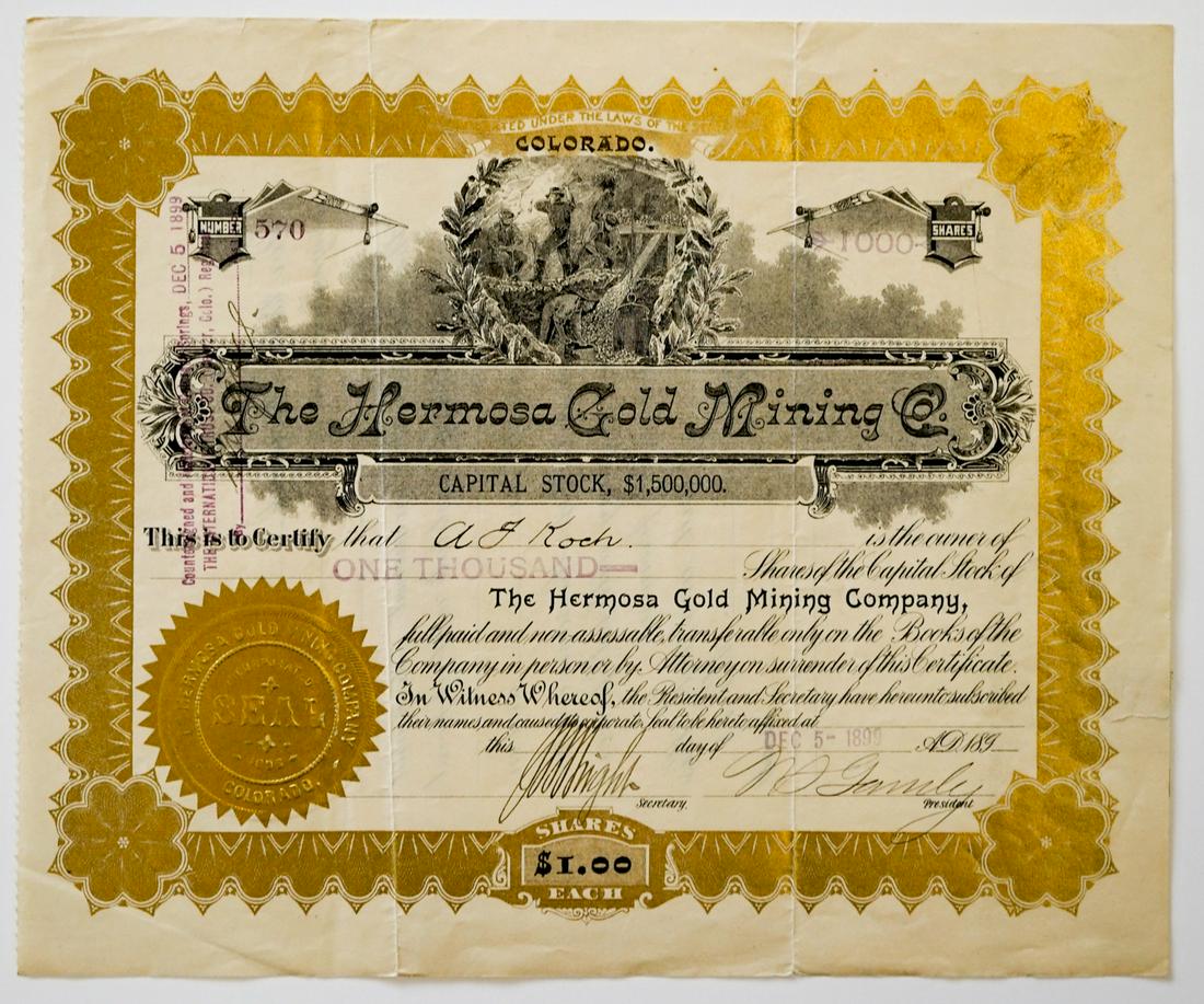 [Colorad0] 1899 Hermosa Gold Mining Stock (1 of 2)