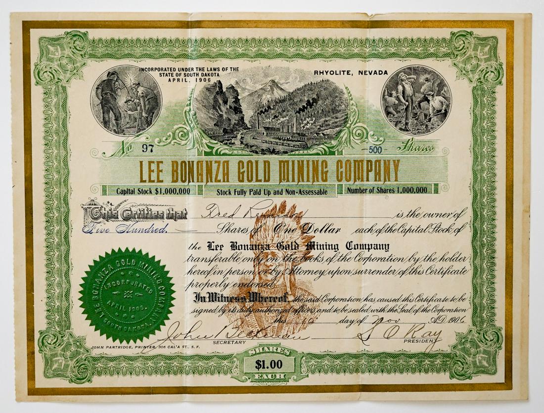 [Rhyolite, Nevada] 1906 Lee Bonanza Mining Stock (1 of 2)